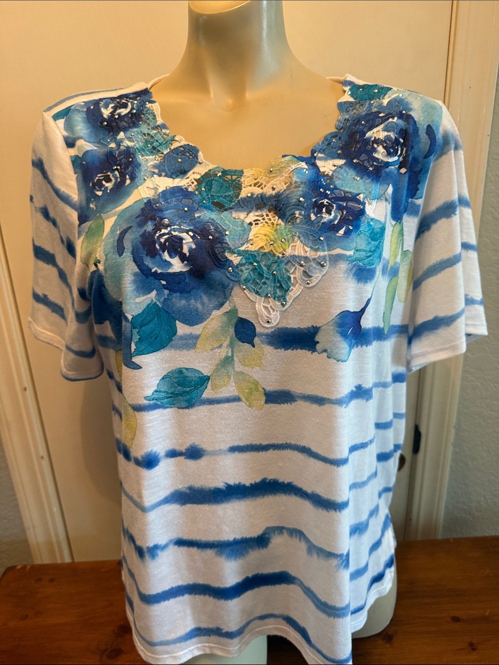 Alfred Dunner White Tee with Blue Floral Lace-Trim